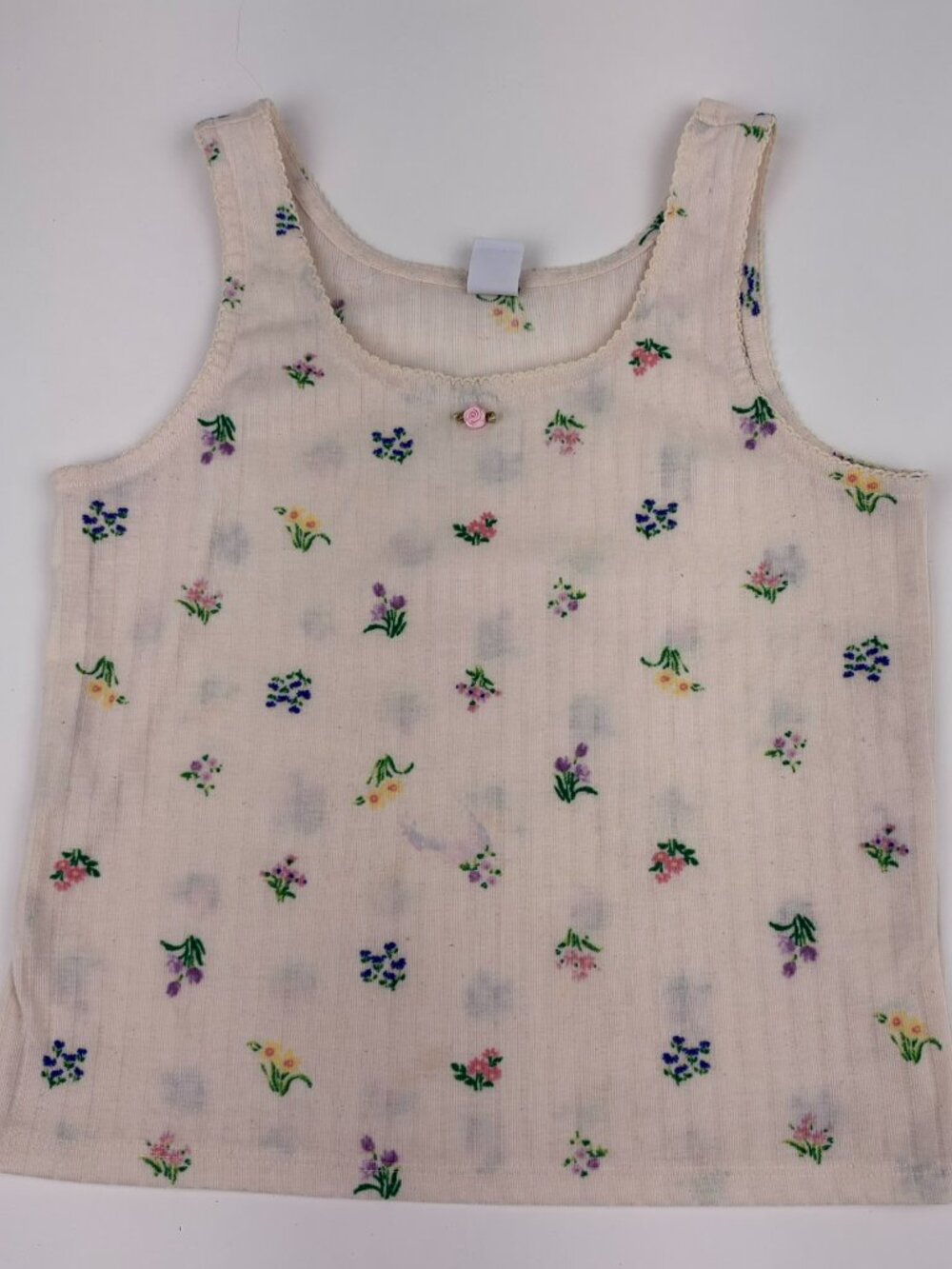 Old Navy Girls Floral Tank Top Size L 10-12 Cream Ribbed Rosette Y2K Pajama Top